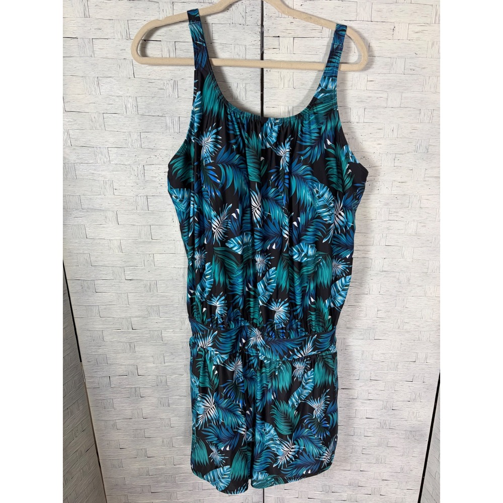 Bloomchic Womens Swim Romper Tropical Palm Print Blue Teal Pockets Plus Size
